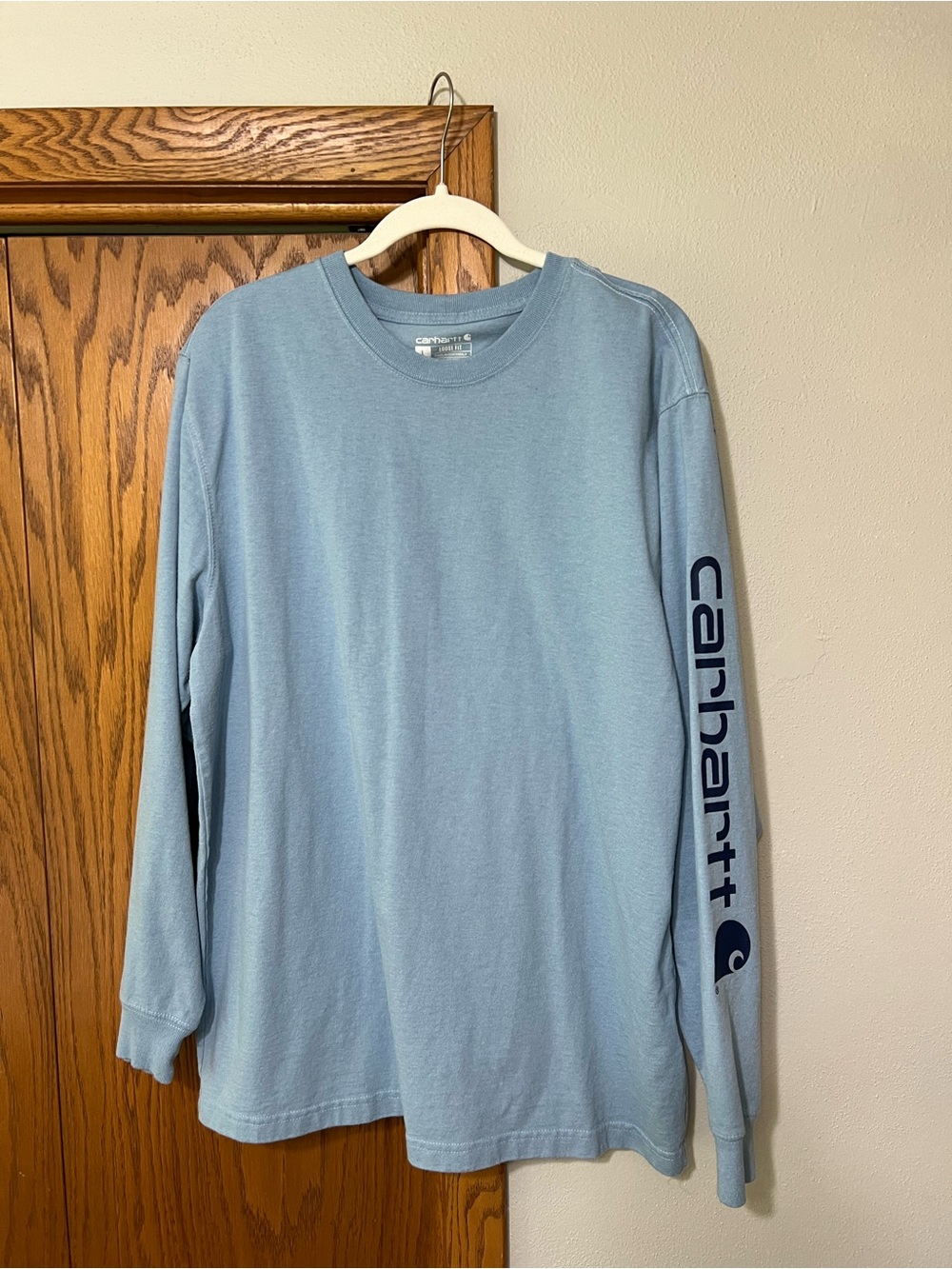 Carhartt Long-Sleeve Tee in Dusty Blue with Sleeve Logo